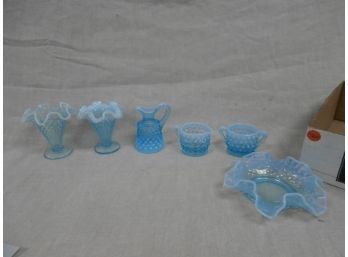 Blue And Frosted White Hobnail Glassware Assortment
