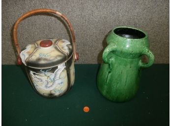 Dragonware Biscuit Jar With Lid And Arts Crafts Style Ceramic Vase Signed Belgium
