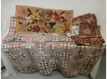 Mixed Lot Of Textiles Including A Vintage Quilt, Hand Sewn Fabric Flowers On Burlap And More