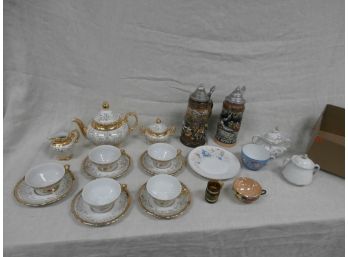 Bavarian China Gold Decorated Tea Pot, Sugar, Creamer With Cups And Saucers Including 2 German Steins, Etc.