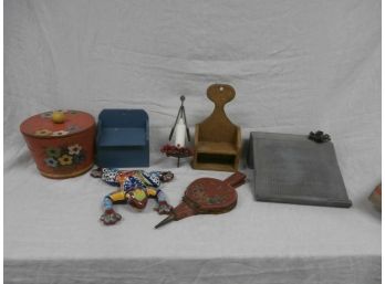 Country Home Decor Including Decorated Bellows, Painted Items With A Ceramic Frog From Mexico, Etc.