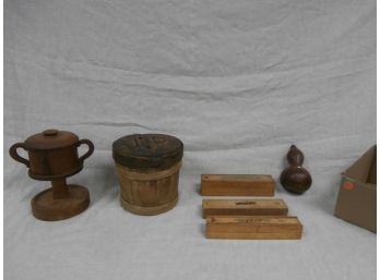 Treenware Including Double Handled Footed Cigarette Dispenser, A Firkin, 3 Wooden Sewing Boxes And A Gourd