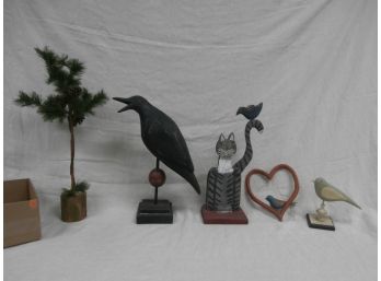 Contemporary Folk Art Wooden Home Dcor Including A Large Crow, Cat And Birds