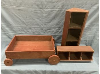 3 Piece Wooden Country Lot Including A Home Made Wagon And 2 Country Cubbies