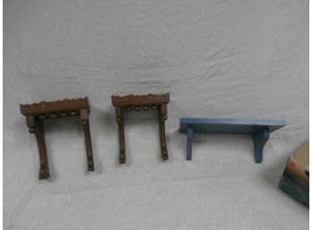 Matched Pair Of Walnut Hanging Bracket Shelves And 1 Painted Blue Shelf