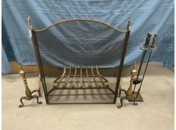 5 Piece Fire Place Set Including Andirons , Screen And Tools