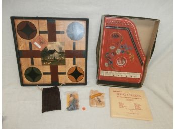 Ridge Hollow Folk Art Reproduction Parcheesi Game Board With Pieces And A Zither Germany
