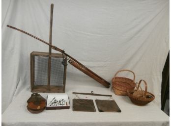Country Tools And Related Including A Pulley, Clock Hands, Wood Crate Sifter And More