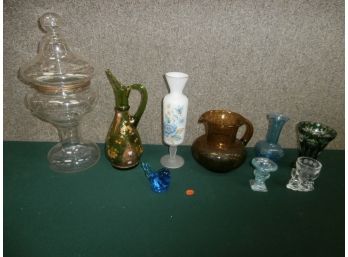 Vintage Glassware Including Clear Glass Hinged Apothecary Jar, Enameled Glass Ewer, Etc.