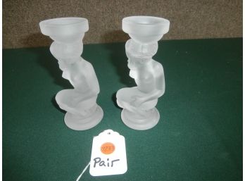 Frosted Glass Pair Of Nude Candleholders, Likely Unsigned Lalique Crystal