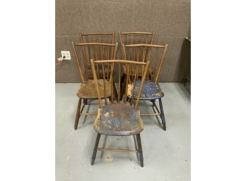 Antique Set Of 5 Early Plank Seat Chairs