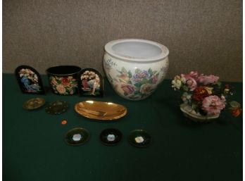 Mixed Home Decor Including Asian Themed Tole Decorated Bookends, Container, Enameled On Copper, Small Plates