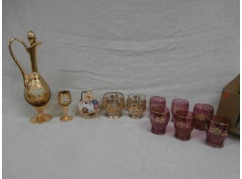 Vintage Glassware Consisting Of Enameled Ewer With Stopper And Glass And More