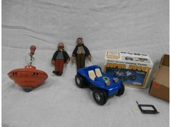 Vintage Toy Lot Including Climbing Tumble, Super Buggy With Box (as Is), Early Metal Top And 2 Jointed Figures