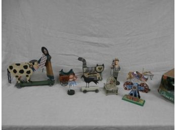 Mary And Dawson Gillaspy Folk Art Tin Contemporary Pull Toy, Cat Pulling Fresh Fish Tin Toy And Others