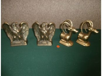 2 Pairs Of Brass Figural Bookends, 1 Signed Colonial Virginia Eagles, Etc.