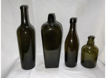 4 Antique Hand Blow Green Bottles