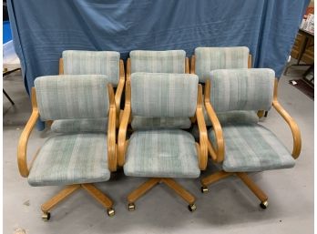 6 Post Modern Oak Bentwood Upholstered Rolling Chairs Chromecraft