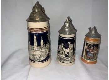3 German Steins With Pewter Tops