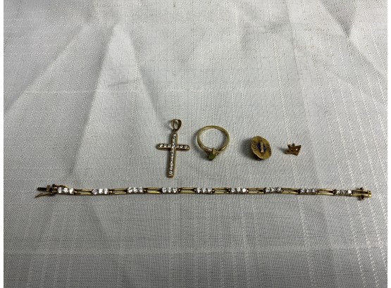 5 Piece 10k Jewelry Lot Including CZ Tennis Bracelet And Cross 14.7 Grams