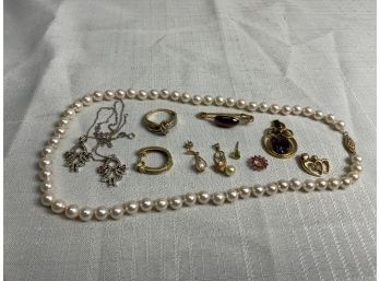 14k Jewelry Lot Including Gemstones, Diamonds And Pearl Necklace 24 Grams