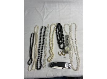 Assorted Jewelry Lot Including Necklaces, A Knife And A Watch