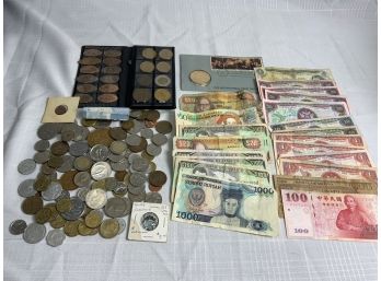 Foreign Coin And Paper Money Lot With Tokens
