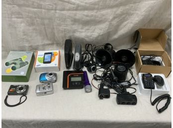 Electronics Lot Including Routers, Cameras, Phones, Cables, Radio And Mic And More