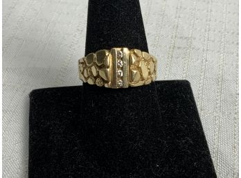 14k Mens Gold Nugget Style Ring With 4 Diamonds 8.6g