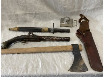 Antique Bayonet With Sheath, Holster, Decorative Gun, Hatchet And Flashlight
