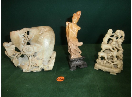 3 Soapstone Carvings Including Floral Carving With Vases, Carved Lady  On Stand, And Monkeys