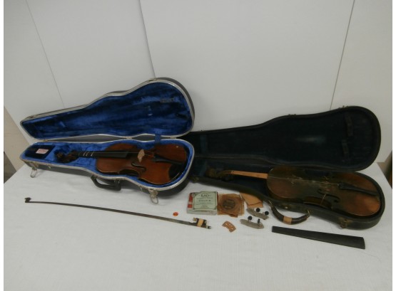 Musical Instrument Lot Consisting Of 2 German Violins, 2 Cases, 1 Bow