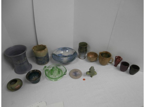 Stoneware Scenic Bowl Signed Highland Freehand Scotland, Purple Studio Ware Pottery Vase Signed Ryan And More