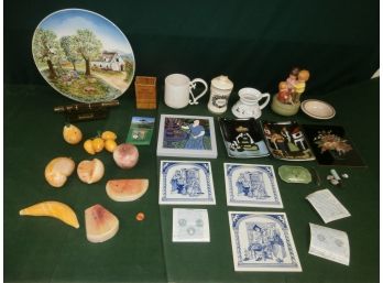 3 Hand Made Delft Holland Hanging Tiles, Carved Marble Or Alabaster, ARC Award 1998 Spy Glass On Stand, Etc.