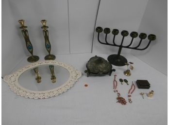 A Pair Of Signed Tamar Made In Israel Candle Holders, Menorah, Vanity Container, Cobalt Glass Insert And Cover