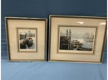 2 Colored Etchings By C. Collette Harbor Scenes Limited Editions