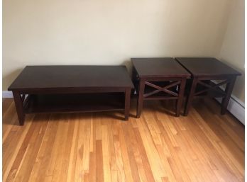3 Piece Cherry Colored Coffee Table With 2 Side Tables