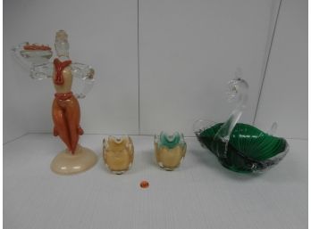 Group Of Unsigned Murano Glass Items Including A Figurine Swan Shaped Bowl And 2 Vases