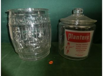 2 Planters Peanuts Glass Advertising Jars Including Large Mr. Peanut Planters Barrel Jar With Characters