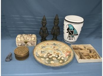 Grouping Of Figural And Ethnic Items Including Mexican Pottery And Carved Figures