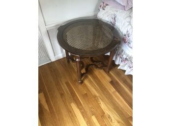 Glass Top Wood Side Table With Cane Details