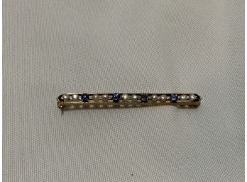 10kt Sapphire And Pearl Bar Pin 3.3 Grams