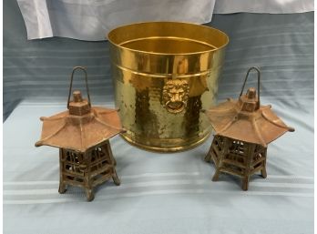 Brass Planter With 2 Cast Iron Pagoda Lights