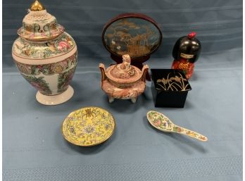 Oriental Lot Including Porcelain And A Carved Wood Sculpture