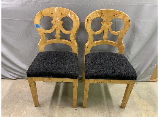 Pair Of Burled Side Chairs With Black Upholstery