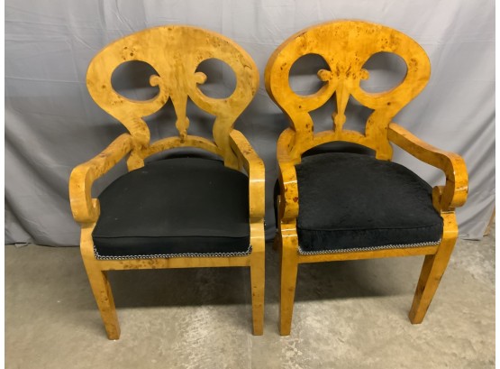 Two Burled Side Chairs With Black Upholstery