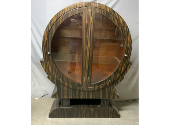 Round Two Door Zebra Wood Art Deco Style China Closet With Glass Shelves