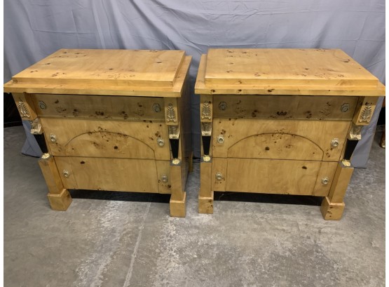 Pair Of Egyptian Revival 3 Drawer Burled Chests