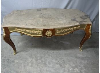 Large Marble Top French Style Coffee Table With Brass And Gold Ormolu