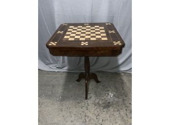 Inlaid 3 Legged Game Table With Checker Board Top